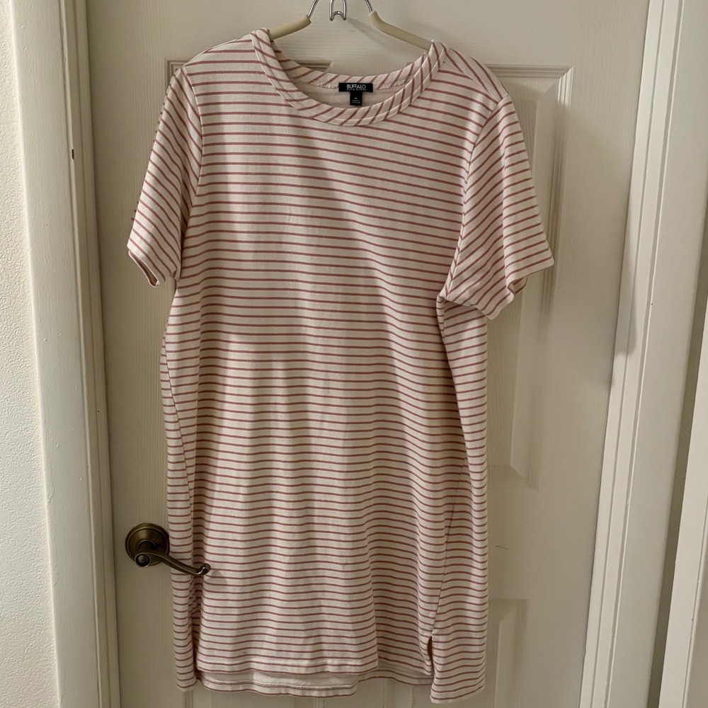 Buffalo David Bitton T Shirt Dress Womens XL Cream Pink Stripe Short Sleeve